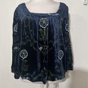 Anthropologie Velvet Blouse Blue Floral Green Puff Sleeves Size Small Boho EUC image 4
