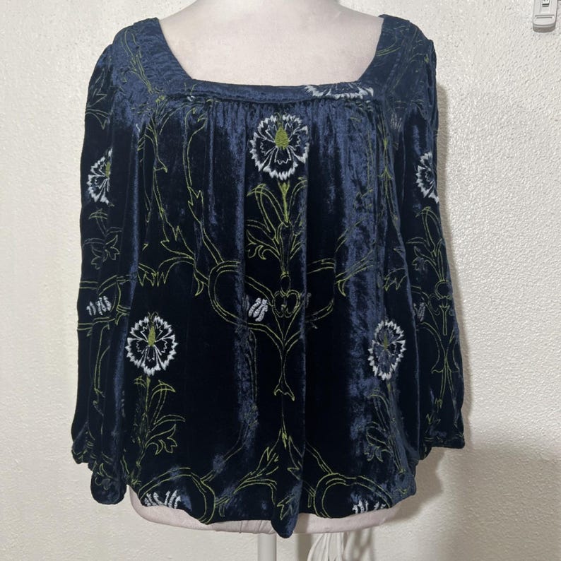 Anthropologie Velvet Blouse Blue Floral Green Puff Sleeves Size Small Boho EUC image 4