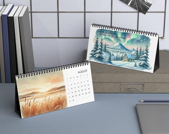 Calendario de escritorio con paisaje invernal en acuarela / Calendario de escritorio 2027