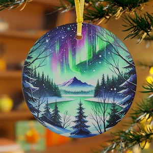 Nordlichter Ornament - Aurora Lake Spiegelung, Weihnachtsverzierung, Winter Bergszene, Andenken Geschenk