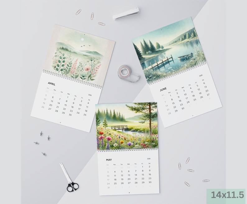 Nordic Landscape 2026 Wall Calendar | Watercolor Winter Cabin Art - Etsy