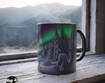 Aurora Borealis Mug, Starry Night Snowy Forest, Northern Lights Gift