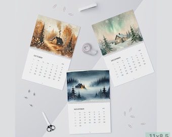 Nordic Watercolor 2027 Wall Calendar | Scandinavian Landscape Art | Winter Cabin Nature Calendar | Minimal Nordic Decor | Physical Calendar