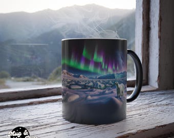 Polar Bear Aurora Borealis Mug, Arctic Wildlife Ceramic Mug
