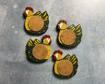 Cute Vintage Rooster Coasters and Chicken Coop Caddy, Folk Art Wood and Cork Country Coasters, Rustic Farmhouse Decor, Coffee Table Accent