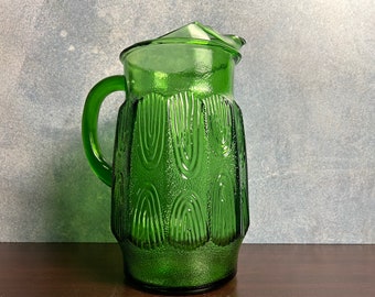 Vintage Mid-Century Modern Green Glass Pitcher, Mcm Anchor Hocking Wood Grain Design, Kitchen and Dining, Home and Living, 80 ounce Jug