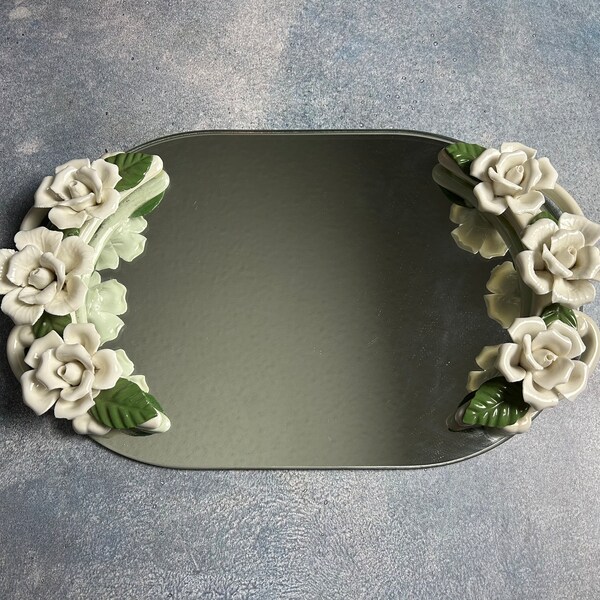 Vintage Mirrored Vanity Tray with White Capodimonte Porcelain Roses, Embossed Flowers & Vines, Home and Living Decor, Bed and Bath Accent