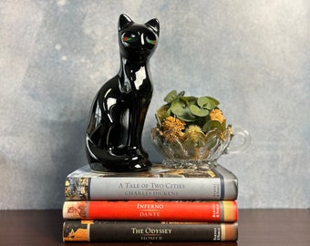 Vintage Mid Century Modern Black Ceramic Cat, Sleek Glazed Bookshelf Accent, Red & Green Eyed Kitten Statue, Mcm Home and Living Decor