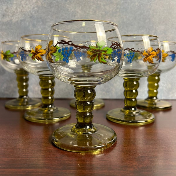 Mid-Century German Roemer Vintage Grape Vine Painted Wine Glasses with Green Bubbled Stems, Set of 6 Goblets, 1960's Gold Rimmed Drink Ware