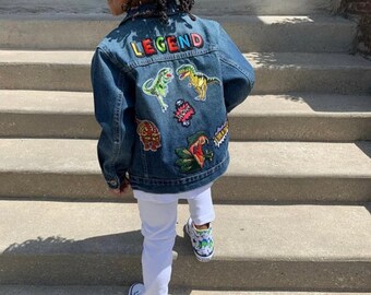 Exclusively Machine Sewn Highest Quality Denim Jean Jacket with Dinosaurs for boys, baby, toddler, girls Machine Washable
