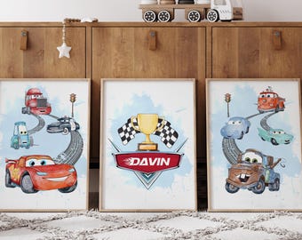 Personalized Watercolor Cars Movie Nursery Prints, Lightning McQueen Boys Room Decor (Digital Download)