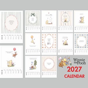 May include: A 2027 Winnie the Pooh wall calendar featuring twelve monthly pages with illustrations of Pooh, Tigger, Piglet, and Eeyore. Each page includes a monthly grid, quotes, and soft pastel patterns. The set displays various character scenes.