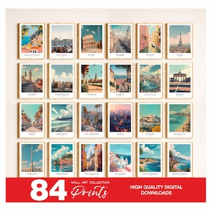 May include: A collection of 24 framed art prints featuring watercolor illustrations of famous cityscapes and landmarks, including Paris, London, and Rome. The prints are arranged in a grid, with the text "84 Prints" and "High Quality Digital Downloads" at the bottom.