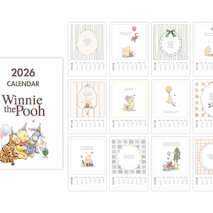 May include: A 2026 calendar featuring Winnie the Pooh. The calendar has a white cover with the text "2026 CALENDAR Winnie the Pooh" and illustrations of the characters. The calendar pages feature illustrations of Winnie the Pooh and friends.