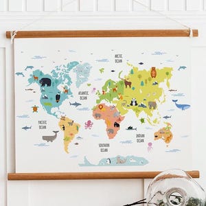 Mapa del mundo de los animales, impresión del mapa del mundo de los animales para niños, mapa del mundo para guardería, arte de pared para guardería, póster educativo, impresiones para guardería, descarga instantánea