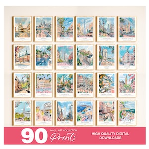May include: A collection of 24 framed watercolor prints featuring cityscapes from around the world, including Rome, Sydney, and Beverly Hills. The prints are displayed on a white wall. The text at the bottom reads "90 Prints" and "Wall Art Collection".