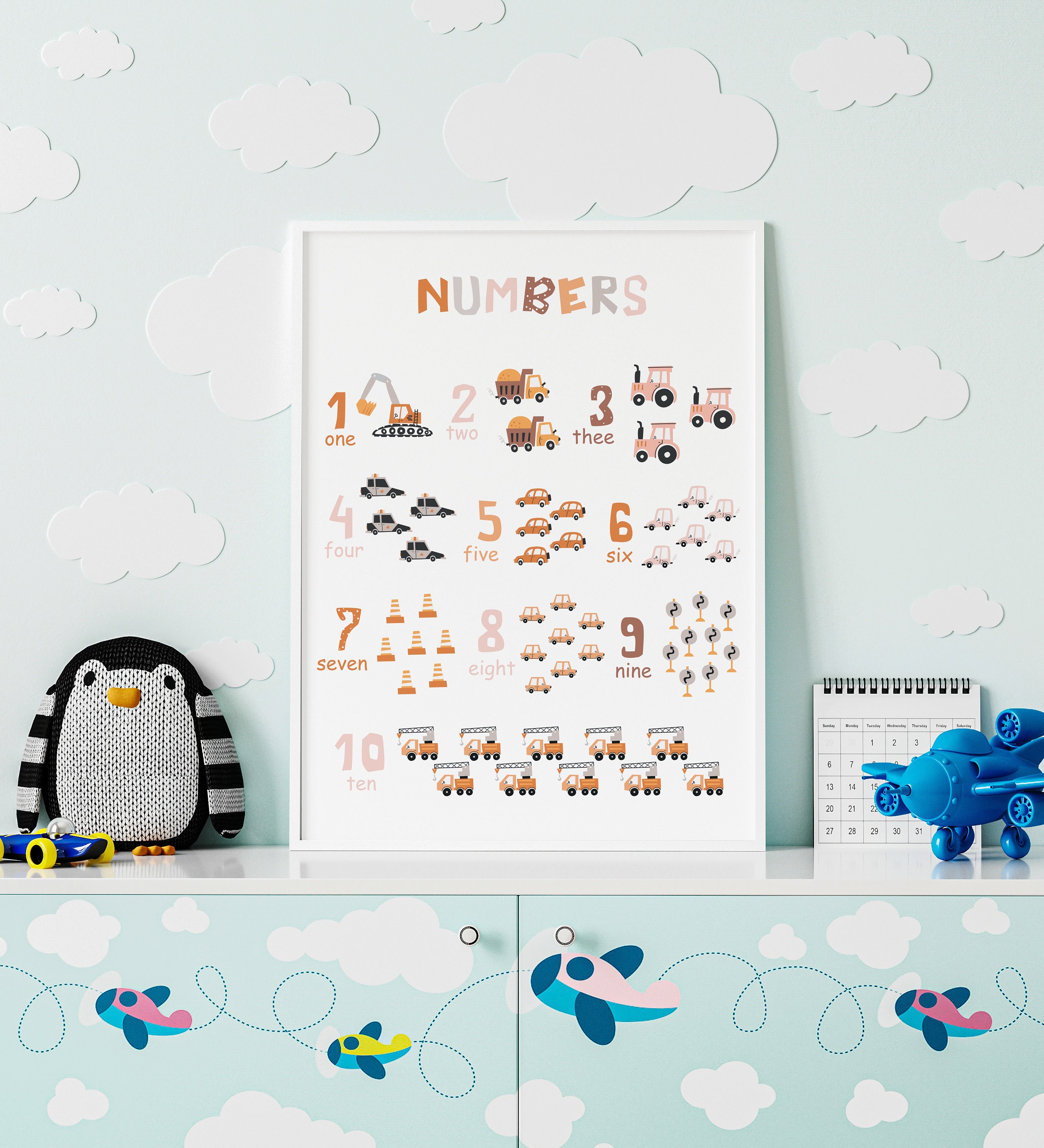 Dozer Number Sign Numbers Poster, Dozer, Truck, Tractor Set, Kids Room Prints, Dozer Wall ...