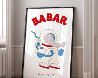 Stampa artistica dell'astronauta elefante Babar: decorazione da parete per la cameretta dei bambini (download digitale)