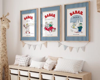 Stampe decorative per la cameretta dell'elefante Babar: Strisce blu (Download digitale)