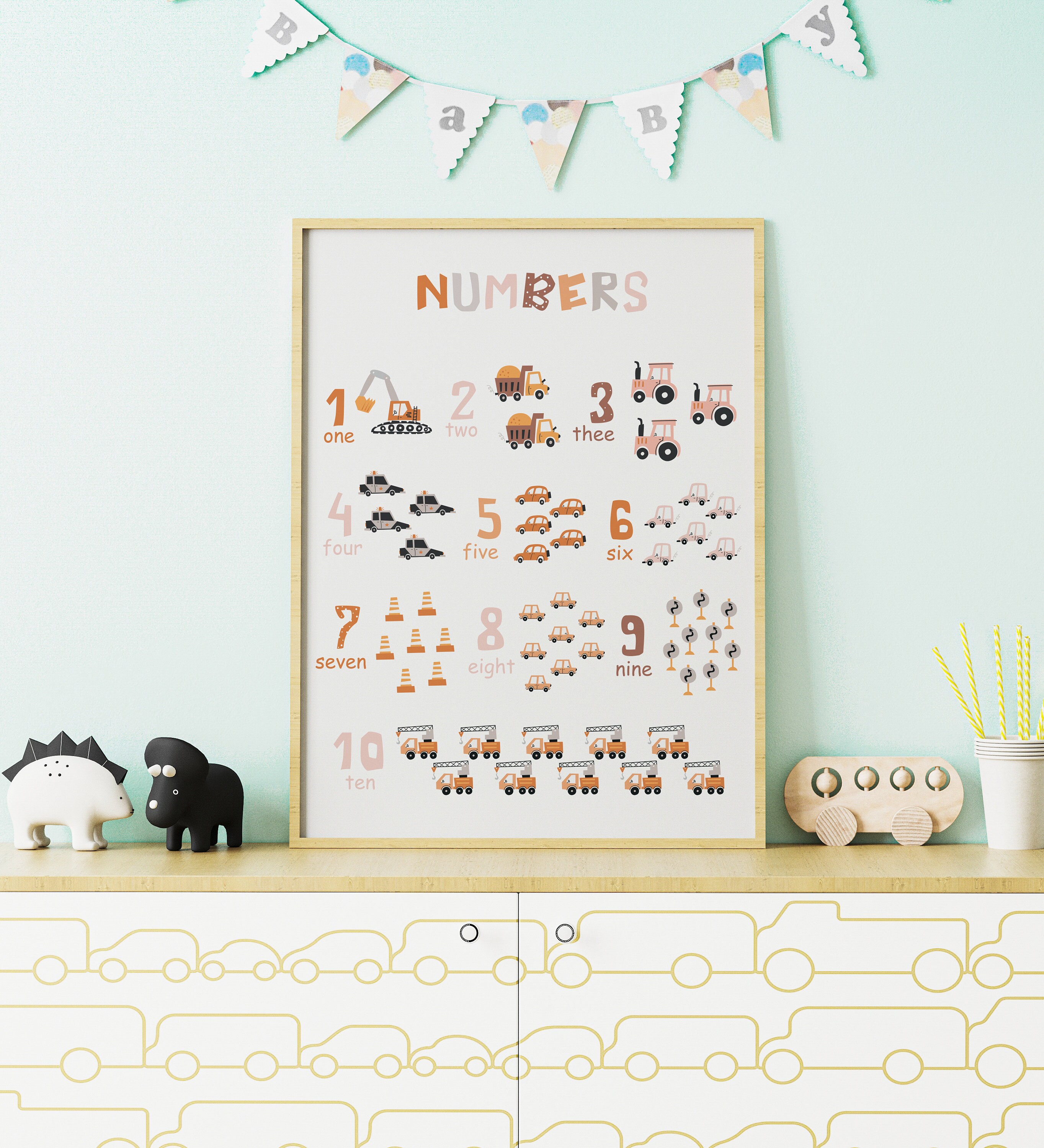 Dozer Number Sign Numbers Poster, Dozer, Truck, Tractor Set, Kids Room Prints, Dozer Wall ...