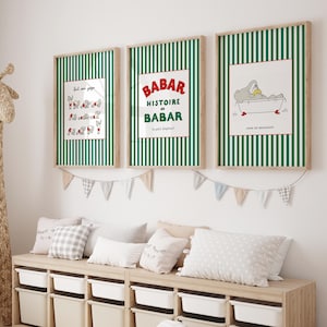 Elefante Babar con rayas verdes y acentos rojos, decoración para habitación infantil, decoración de pared de elefante Babar, decoración infantil, regalo para bebé de género neutro.