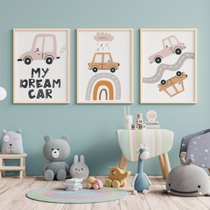 Set of 3 car and rainbow, Kids Room Prints, Car Wall Prints, Transport Wall Prints, Kids Room Prints, Kids Room Decor,  Baby room Decor