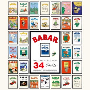Juego de 34 piezas con estampado de elefantes Babar para habitación infantil, impresiones artísticas de pared, descarga digital, pósteres para habitación infantil