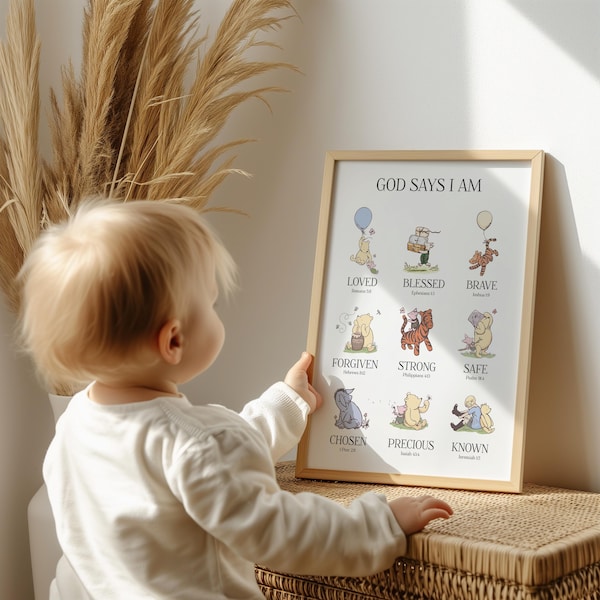 God Says I Am, Christian Nursery, Bible Verse, Classic Winnie the Pooh Wall Art