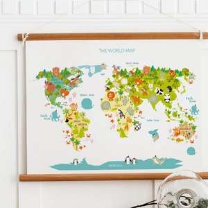 Weltkarte, niedliche Tiere, Safari, Weltkarte Poster, Kinderzimmer Wandkunst, Babyzimmer Wandkunst