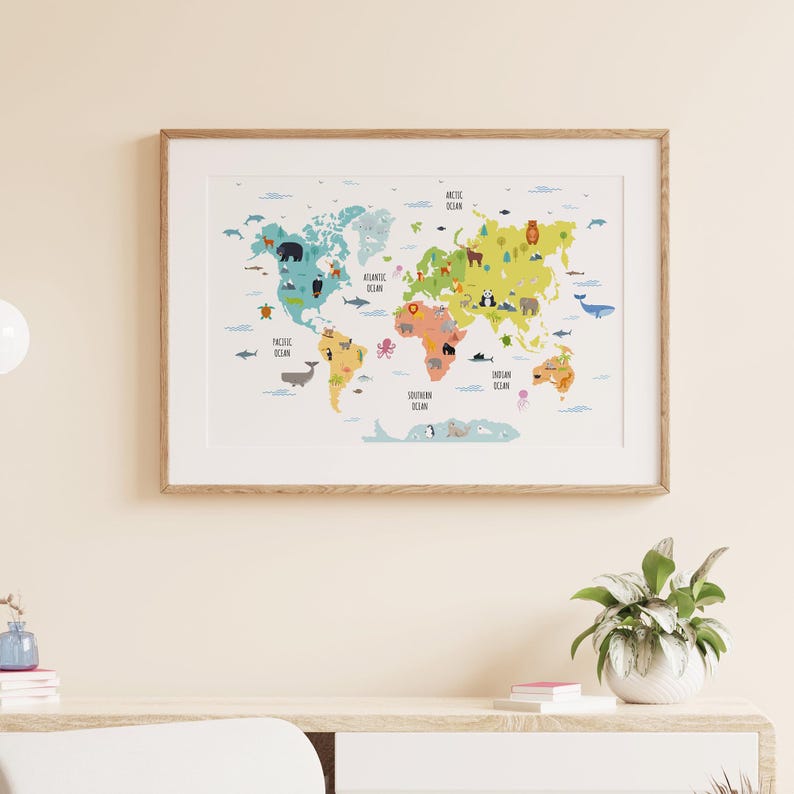 Animal World Map Print: Kids Nursery Educational Poster (digital ...