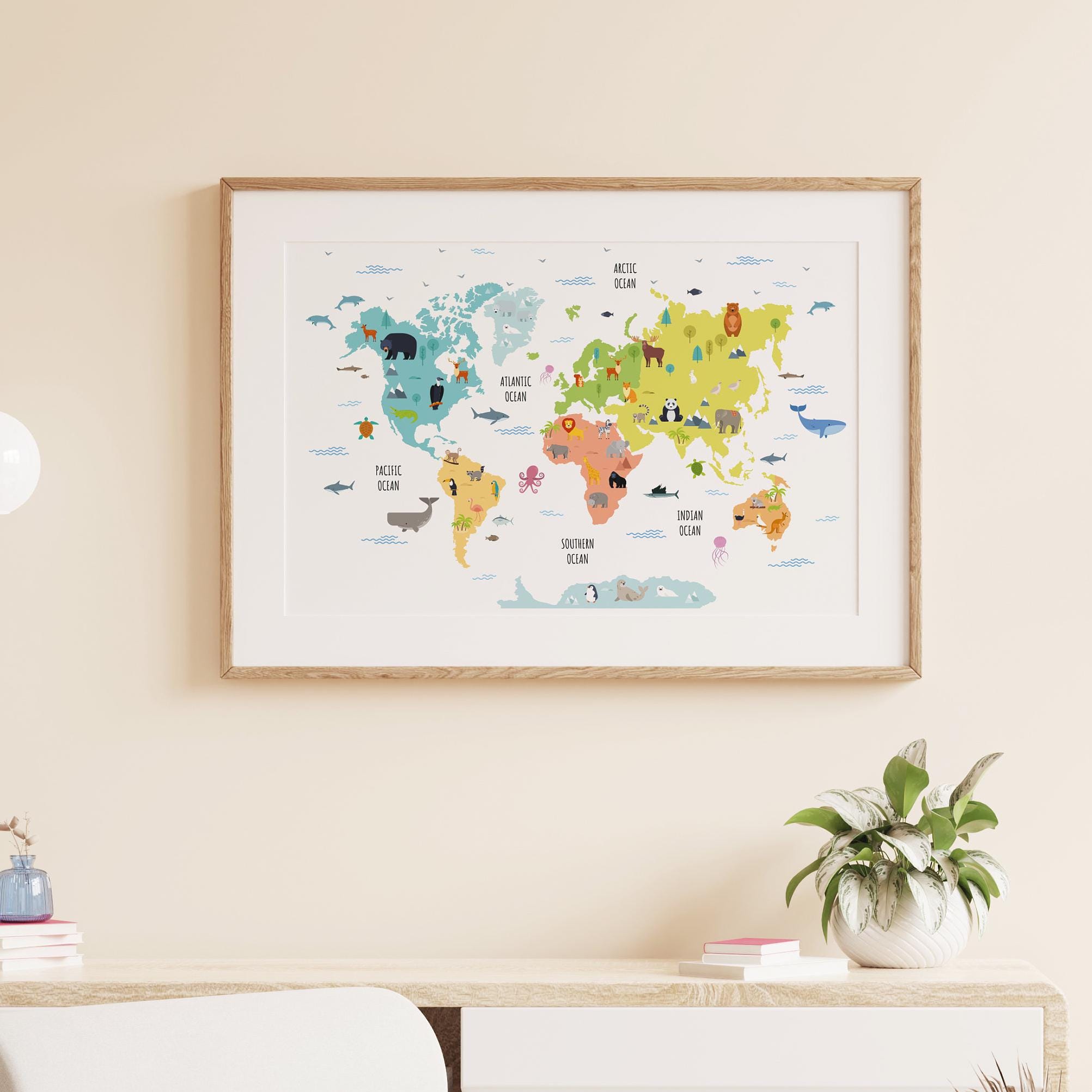 Animal World Map Print: Kids Nursery Educational Poster (digital ...