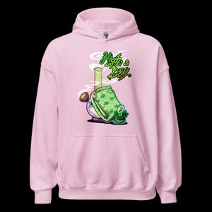 May include: Pink hoodie with a graphic of a bong and a joint, with the text "High & Dry" in green and yellow lettering.