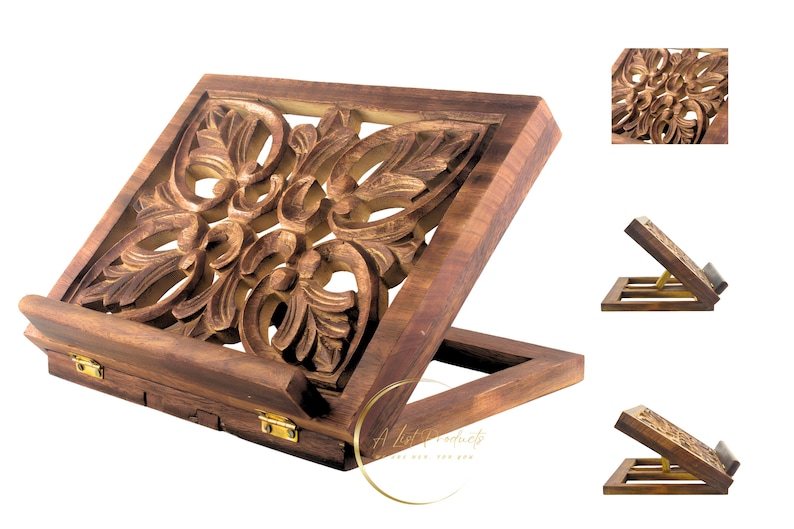 K&ouml;nnte beinhalten: Ein B&uuml;cherst&auml;nder aus Holz mit aufwendigen Schnitzereien. Der St&auml;nder ist aus dunkelbraunem Holz gefertigt und hat ein Scharnierdesign, das es erm&ouml;glicht, ihn zum Verstauen flach zusammenzuklappen.