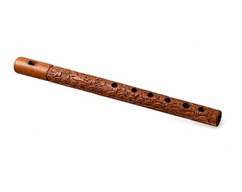 Handgeschnitzte Holzflöte | Traditionelle Blockflöte | Handgefertigtes Musikinstrument mit floralem Design | Geschenk zur Meditation