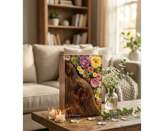 Handmade Floral Resin Cremation Urn | Live Edge Wood Memorial