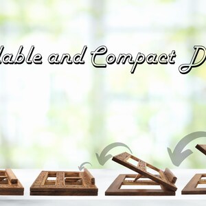 May include: A wooden book stand with a foldable design. The stand is shown in four different positions, demonstrating its versatility. The stand is made of natural wood and has a simple, elegant design.