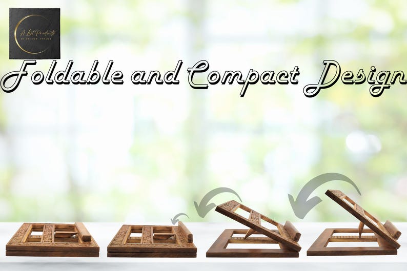 May include: A wooden book stand with a foldable design. The stand is shown in four different positions, demonstrating its versatility. The stand is made of natural wood and has a simple, elegant design.