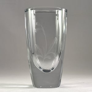 Heavy crystal vase with engraved lilies of the valley, Strömbergshyttan, 1970s, Sweden