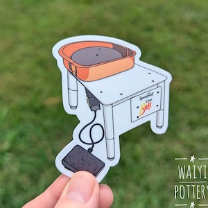 May include: A white sticker of a pottery wheel with a foot pedal. The wheel is orange and has a black base. The sticker has the text "Speedball Clay Boss" on it. The sticker is held in a hand against a green grassy background. The text "WAIYI POTTERY" is below the sticker.