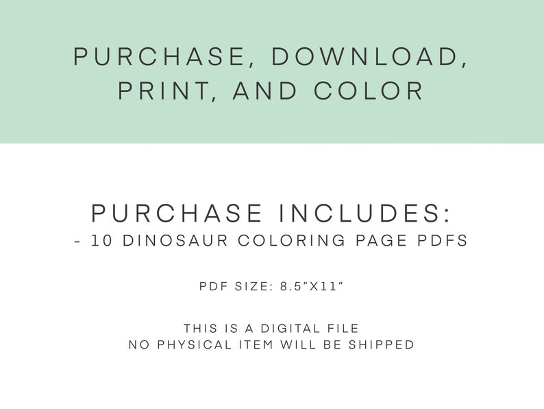 Pu&ograve; includere: Un download digitale di 10 pagine da colorare di dinosauri in formato PDF. Ogni pagina misura 21,6 cm per 27,9 cm. L'ACQUISTO INCLUDE: 10 PAGINE DA COLORARE DI DINOSAURI IN PDF. FORMATO PDF: 21,6 cm x 27,9 cm. QUESTO &Egrave; UN FILE DIGITALE. NESSUN ARTICOLO FISICO SAR&Agrave; SPEDITO.