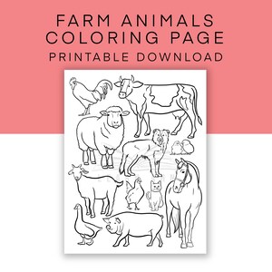 May include: Black and white line art coloring page featuring farm animals including a cow, sheep, pig, horse, goat, rooster, goose, cat, dog, and chickens. The title "Farm Animals Coloring Page Printable Download" is at the top of the page.