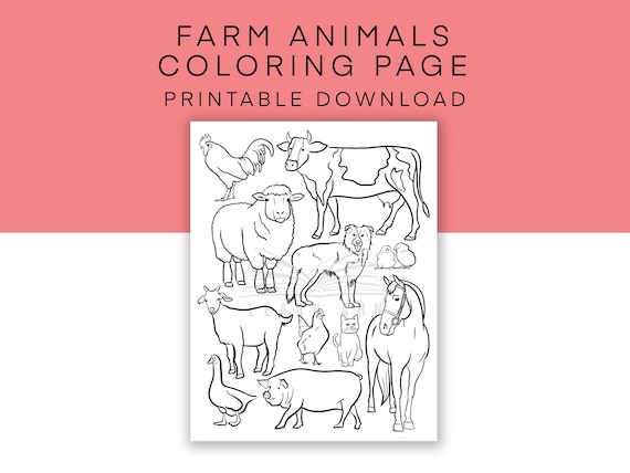 Farm Animals Coloring Page, Printable Animal Coloring for Kids, PDF Printable Coloring Worksheet, Barnyard Coloring Sheet for All Ages