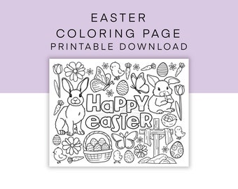 Easter Printable Coloring Page, Happy Easter Coloring Sheet, Easter Egg, Easter Bunny Coloring, Kids Easter PDF Worksheet, Adult Coloring