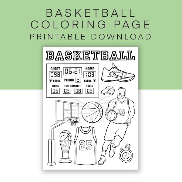 Basketball Printable Coloring Page, Sports Activity Sheet, Kid's Basketball Worksheet Download, Aesthetic Coloring Sheet