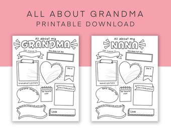 Printable Grandma Gift, Coloring Page Card for Nana, All about my Grandma, Last Minute Gift, Gift for Grandmother from Kids, Cute Present
