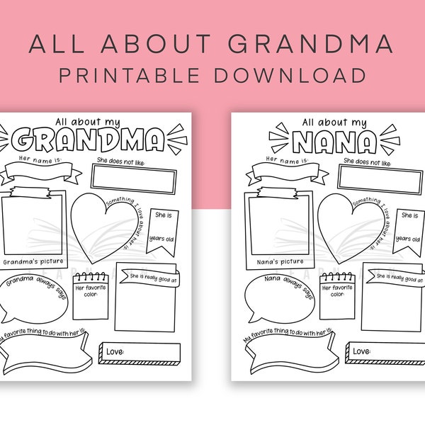 Printable Grandma Gift, Coloring Page Card for Nana, All about my Grandma, Last Minute Gift, Gift for Grandmother from Kids, Cute Present