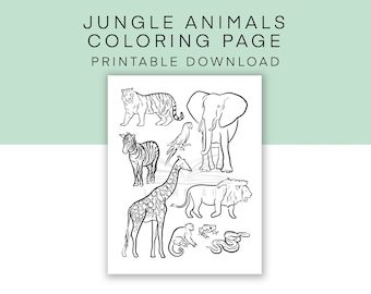 Jungle Animals Printable Coloring Page, African Safari Animals Activity Sheet, Kid's Animal Worksheet Download, Aesthetic Coloring Sheet