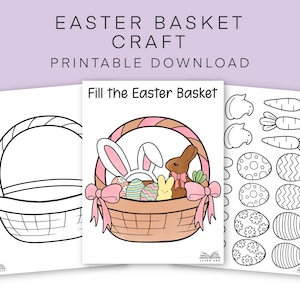 Puede incluir: Actividad de manualidades de cesta de Pascua imprimible para niños.  Incluye un contorno de cesta, una cesta llena con un conejito, un conejito de chocolate y huevos, y una hoja de elementos recortables para pegar en la cesta.  Llena la cesta de Pascua.