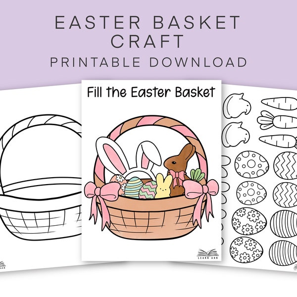 Easter Basket Craft for Kids, Cut and Paste Easter Craft, Printable Activity, Easter Egg Coloring, Scissor Practice for Kids