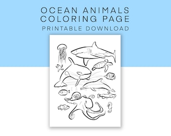 Página para colorear imprimible de animales del océano, hoja de actividades bajo el mar, descarga de hoja de trabajo de animales para niños, hoja para colorear estética